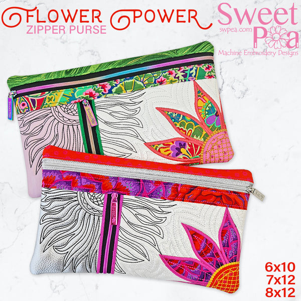 Flower Power Zipper Purse 6x10 7x12 8x12 - Sweet Pea Australia In the hoop machine embroidery designs. in the hoop project, in the hoop embroidery designs, craft in the hoop project, diy in the hoop project, diy craft in the hoop project, in the hoop embroidery patterns, design in the hoop patterns, embroidery designs for in the hoop embroidery projects, best in the hoop machine embroidery designs perfect for all hoops and embroidery machines