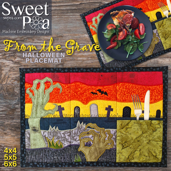 From the Grave Halloween Placemat 4x4 5x5 6x6 - Sweet Pea Australia In the hoop machine embroidery designs. in the hoop project, in the hoop embroidery designs, craft in the hoop project, diy in the hoop project, diy craft in the hoop project, in the hoop embroidery patterns, design in the hoop patterns, embroidery designs for in the hoop embroidery projects, best in the hoop machine embroidery designs perfect for all hoops and embroidery machines