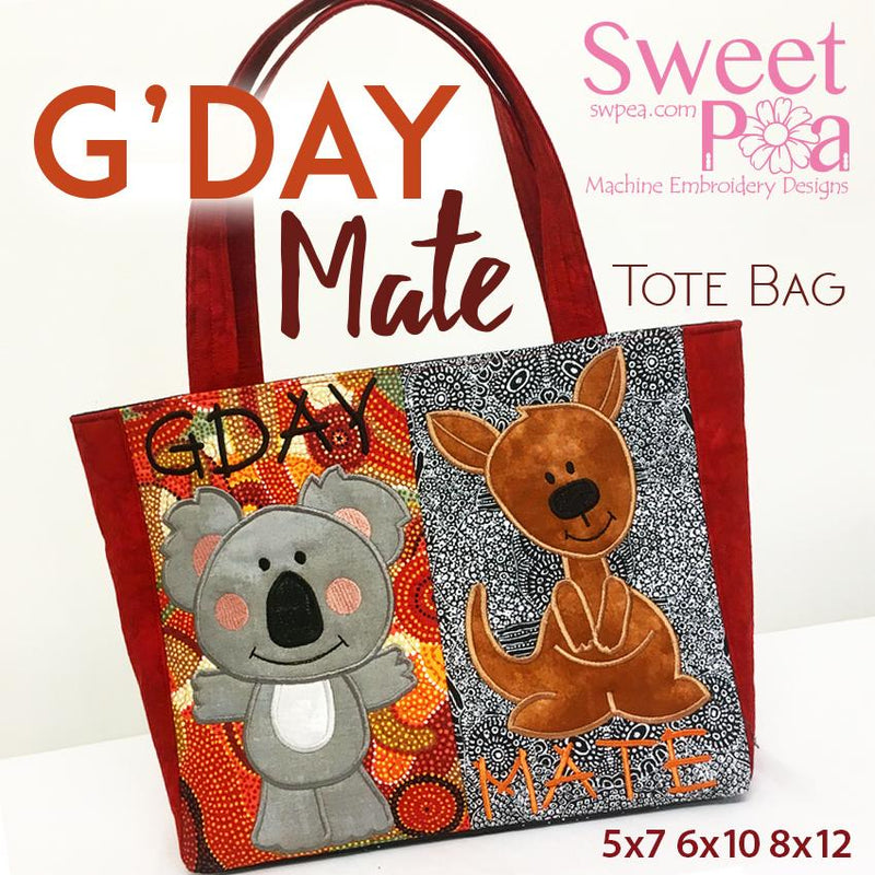 G'day Mate Tote Bag 5x7 6x10 8x12 - Sweet Pea Australia In the hoop machine embroidery designs. in the hoop project, in the hoop embroidery designs, craft in the hoop project, diy in the hoop project, diy craft in the hoop project, in the hoop embroidery patterns, design in the hoop patterns, embroidery designs for in the hoop embroidery projects, best in the hoop machine embroidery designs perfect for all hoops and embroidery machines