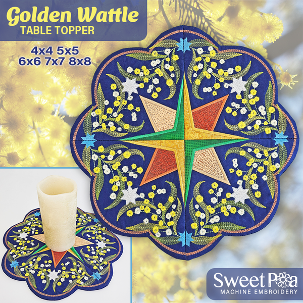 Golden wattle table topper - Sweet Pea Machine Embroidery In the hoop machine embroidery designs. in the hoop project, in the hoop embroidery designs, craft in the hoop project, diy in the hoop project, diy craft in the hoop project, in the hoop embroidery patterns, design in the hoop patterns, embroidery designs for in the hoop embroidery projects, best in the hoop machine embroidery designs perfect for all hoops and embroidery machines