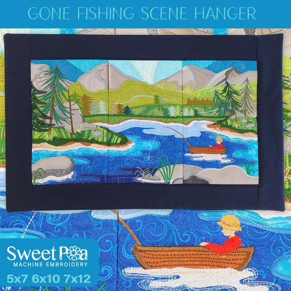Gone Fishing Scene Hanger 5x7 6x10 7x12 In the hoop machine embroidery designs