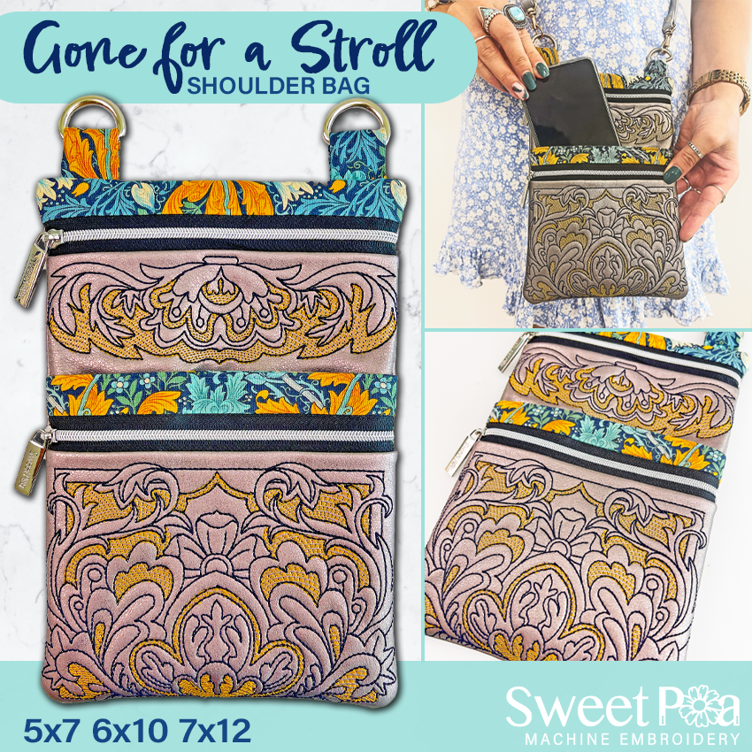 Gone for a Stroll Shoulder Bag 5x7 6x10 7x12 In the hoop machine embroidery designs