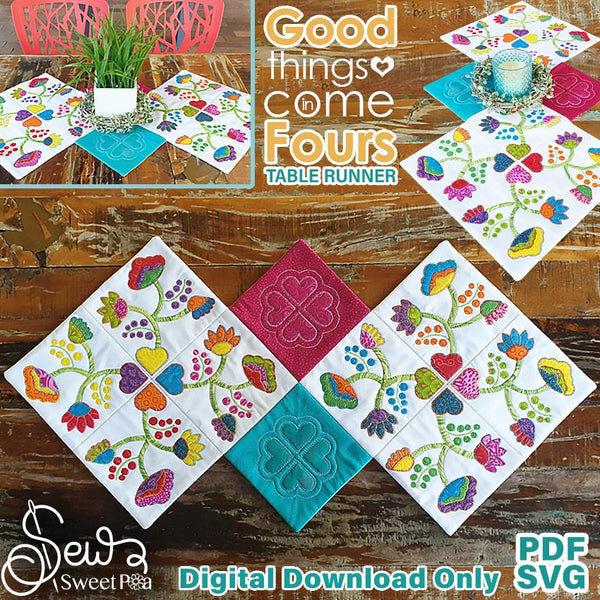 Good Things Come In Four Applique & Table Runner Pattern - Sweet Pea Australia In the hoop machine embroidery designs. in the hoop project, in the hoop embroidery designs, craft in the hoop project, diy in the hoop project, diy craft in the hoop project, in the hoop embroidery patterns, design in the hoop patterns, embroidery designs for in the hoop embroidery projects, best in the hoop machine embroidery designs perfect for all hoops and embroidery machines
