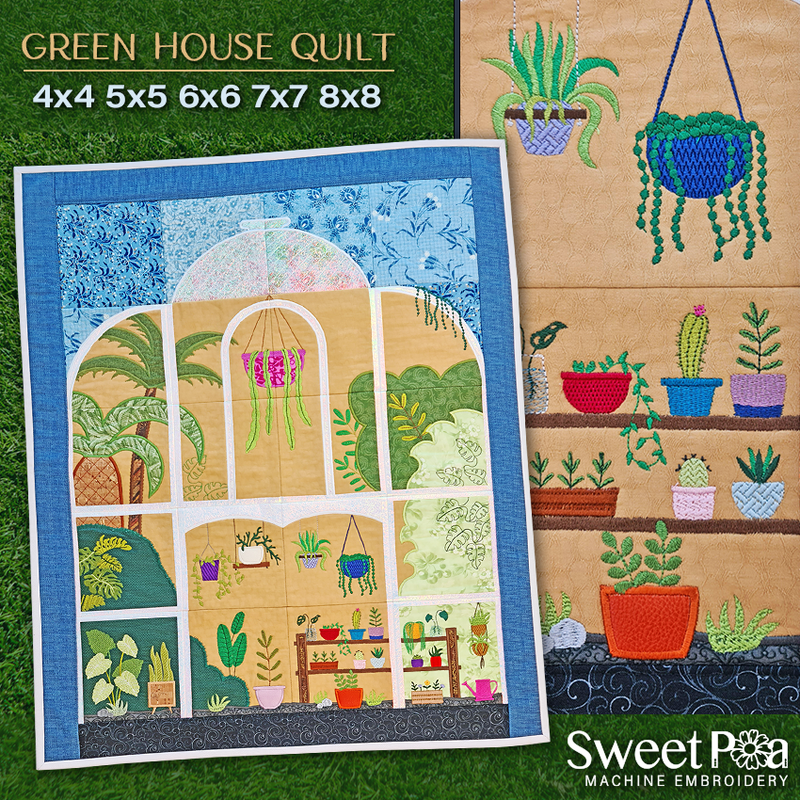 Green House Quilt 4x4 5x5 6x6 7x7 8x8 - Sweet Pea Australia In the hoop machine embroidery designs. in the hoop project, in the hoop embroidery designs, craft in the hoop project, diy in the hoop project, diy craft in the hoop project, in the hoop embroidery patterns, design in the hoop patterns, embroidery designs for in the hoop embroidery projects, best in the hoop machine embroidery designs perfect for all hoops and embroidery machines