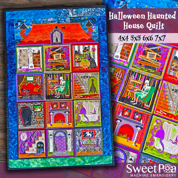 Halloween Haunted House Quilt - Bulk Pack In the hoop machine embroidery designs