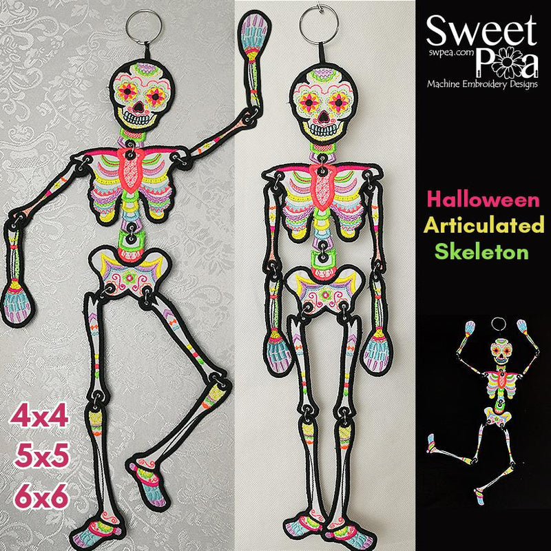 Halloween Articulated Skeleton 4x4 5x5 6x6 ITH - Sweet Pea Australia In the hoop machine embroidery designs. in the hoop project, in the hoop embroidery designs, craft in the hoop project, diy in the hoop project, diy craft in the hoop project, in the hoop embroidery patterns, design in the hoop patterns, embroidery designs for in the hoop embroidery projects, best in the hoop machine embroidery designs perfect for all hoops and embroidery machines