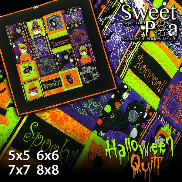 Halloween Quilt 5x5, 6x6, 7x7 and 8x8 - Sweet Pea Australia In the hoop machine embroidery designs. in the hoop project, in the hoop embroidery designs, craft in the hoop project, diy in the hoop project, diy craft in the hoop project, in the hoop embroidery patterns, design in the hoop patterns, embroidery designs for in the hoop embroidery projects, best in the hoop machine embroidery designs perfect for all hoops and embroidery machines