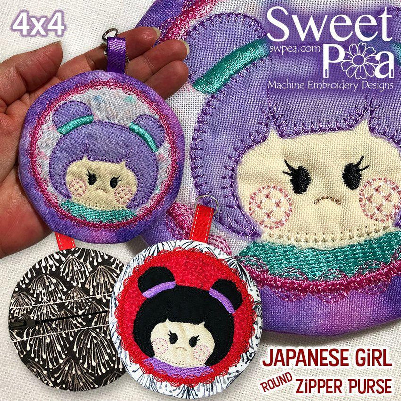 Japanese Girl Round Zipper Purse 4x4 and 5x5 - Sweet Pea Australia In the hoop machine embroidery designs. in the hoop project, in the hoop embroidery designs, craft in the hoop project, diy in the hoop project, diy craft in the hoop project, in the hoop embroidery patterns, design in the hoop patterns, embroidery designs for in the hoop embroidery projects, best in the hoop machine embroidery designs perfect for all hoops and embroidery machines