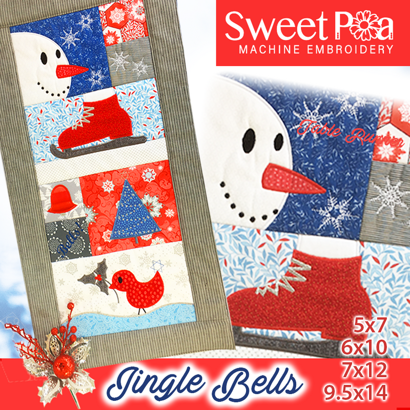 Jingle Bells Quilt Blocks and Table Runner 5x7 6x10 7x12 9.5x14 In the hoop machine embroidery designs