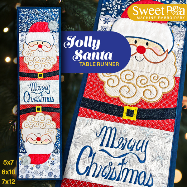 Jolly Santa Table Runner 5x7 6x10 7x12 In the hoop machine embroidery designs