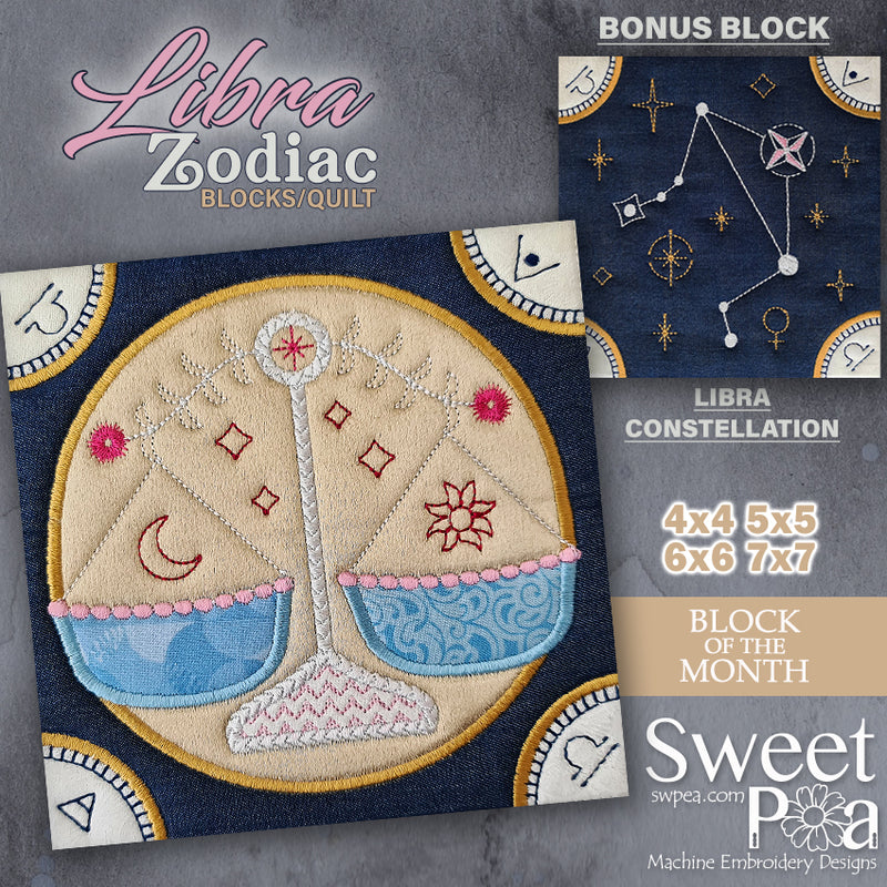 BOM Zodiac Quilt Block 7 - Libra - Sweet Pea Australia In the hoop machine embroidery designs. in the hoop project, in the hoop embroidery designs, craft in the hoop project, diy in the hoop project, diy craft in the hoop project, in the hoop embroidery patterns, design in the hoop patterns, embroidery designs for in the hoop embroidery projects, best in the hoop machine embroidery designs perfect for all hoops and embroidery machines