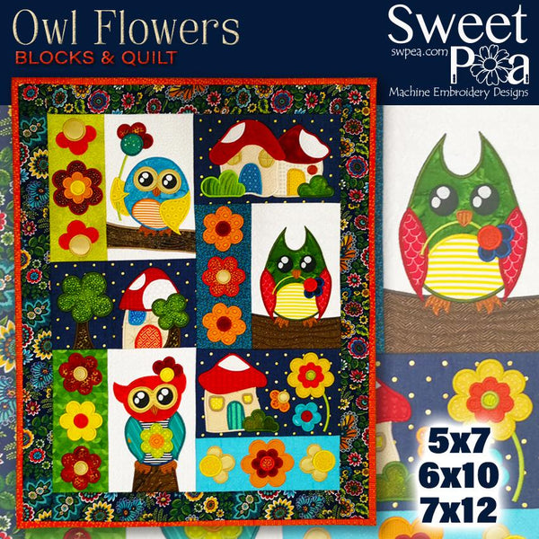 Owl Flowers Block and Quilt 5x7 6x10 and 7x12 - Sweet Pea Australia In the hoop machine embroidery designs. in the hoop project, in the hoop embroidery designs, craft in the hoop project, diy in the hoop project, diy craft in the hoop project, in the hoop embroidery patterns, design in the hoop patterns, embroidery designs for in the hoop embroidery projects, best in the hoop machine embroidery designs perfect for all hoops and embroidery machines