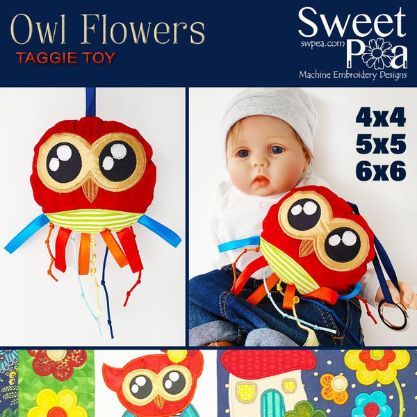 Owl Flowers Taggie Toy 4x4 5x5 6x6 - Sweet Pea Australia In the hoop machine embroidery designs. in the hoop project, in the hoop embroidery designs, craft in the hoop project, diy in the hoop project, diy craft in the hoop project, in the hoop embroidery patterns, design in the hoop patterns, embroidery designs for in the hoop embroidery projects, best in the hoop machine embroidery designs perfect for all hoops and embroidery machines