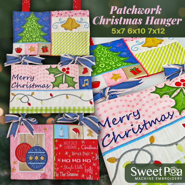 Patchwork Christmas Hanger 5x7 6x10 7x12 In the hoop machine embroidery designs