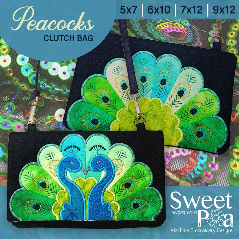Peacocks Clutch Bag 5x7 6x10 7x12 9x12 - Sweet Pea Australia In the hoop machine embroidery designs. in the hoop project, in the hoop embroidery designs, craft in the hoop project, diy in the hoop project, diy craft in the hoop project, in the hoop embroidery patterns, design in the hoop patterns, embroidery designs for in the hoop embroidery projects, best in the hoop machine embroidery designs perfect for all hoops and embroidery machines