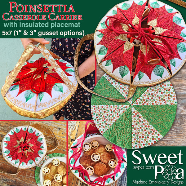 Poinsettia Casserole Carrier 5x7 - Sweet Pea Australia In the hoop machine embroidery designs. in the hoop project, in the hoop embroidery designs, craft in the hoop project, diy in the hoop project, diy craft in the hoop project, in the hoop embroidery patterns, design in the hoop patterns, embroidery designs for in the hoop embroidery projects, best in the hoop machine embroidery designs perfect for all hoops and embroidery machines