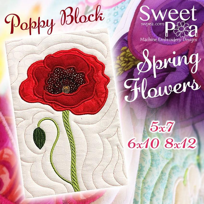 Poppy Flower Block Add-on 5x7 6x10 8x12 - Sweet Pea Australia In the hoop machine embroidery designs. in the hoop project, in the hoop embroidery designs, craft in the hoop project, diy in the hoop project, diy craft in the hoop project, in the hoop embroidery patterns, design in the hoop patterns, embroidery designs for in the hoop embroidery projects, best in the hoop machine embroidery designs perfect for all hoops and embroidery machines