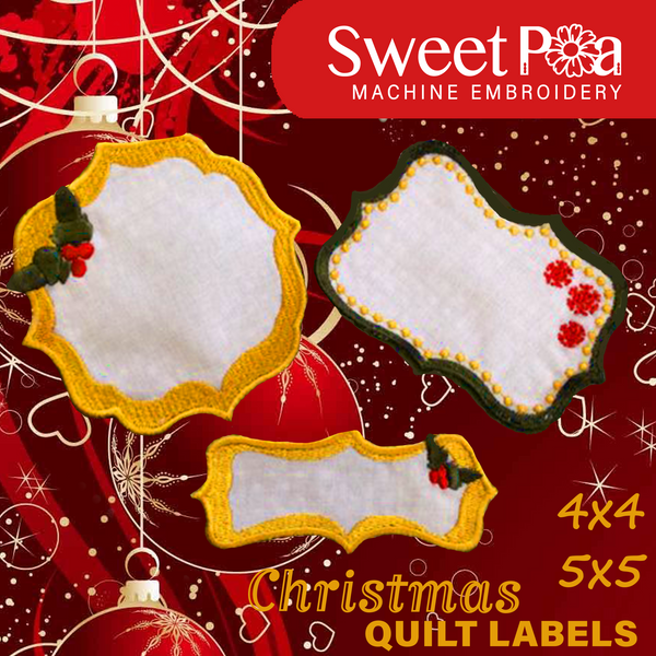 Christmas quilt labels 4x4 and 5x5 In the hoop machine embroidery designs