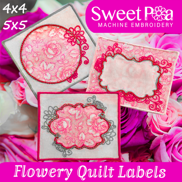 Flowery Quilt Labels 4x4 and 5x5 In the hoop machine embroidery designs