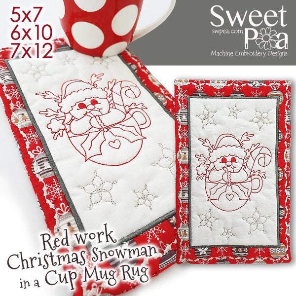 Snowman Redwork Mugrug 5x7 6x10 7x12 - Sweet Pea Australia In the hoop machine embroidery designs. in the hoop project, in the hoop embroidery designs, craft in the hoop project, diy in the hoop project, diy craft in the hoop project, in the hoop embroidery patterns, design in the hoop patterns, embroidery designs for in the hoop embroidery projects, best in the hoop machine embroidery designs perfect for all hoops and embroidery machines