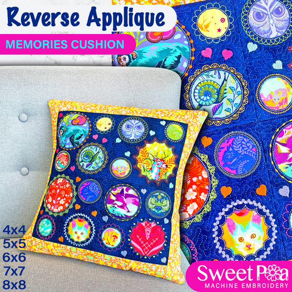 Reverse Applique Memories Cushion 4x4 5x5 6x6 7x7 8x8 In the hoop machine embroidery designs