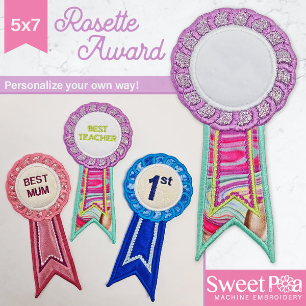 Rosette Award 5x7 - Sweet Pea Australia In the hoop machine embroidery designs. in the hoop project, in the hoop embroidery designs, craft in the hoop project, diy in the hoop project, diy craft in the hoop project, in the hoop embroidery patterns, design in the hoop patterns, embroidery designs for in the hoop embroidery projects, best in the hoop machine embroidery designs perfect for all hoops and embroidery machines