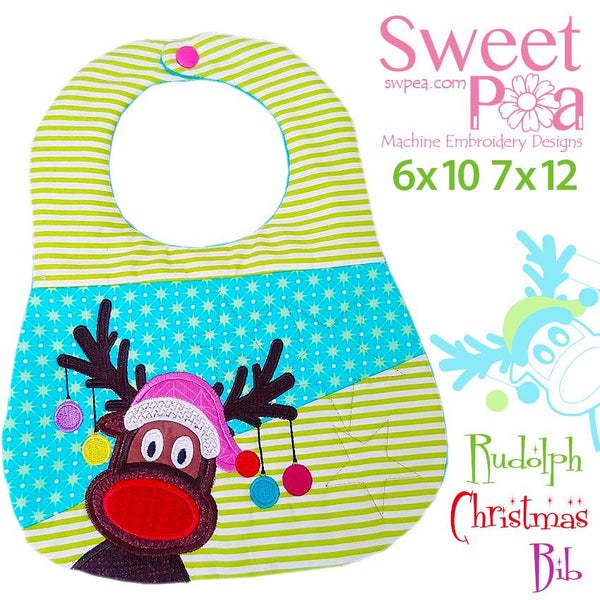 Rudolph Christmas Bib 6x10 and 7x12 - Sweet Pea Australia In the hoop machine embroidery designs. in the hoop project, in the hoop embroidery designs, craft in the hoop project, diy in the hoop project, diy craft in the hoop project, in the hoop embroidery patterns, design in the hoop patterns, embroidery designs for in the hoop embroidery projects, best in the hoop machine embroidery designs perfect for all hoops and embroidery machines