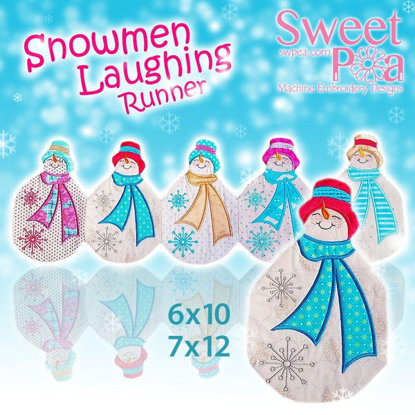 Snowmen Laughing Table Runner 6x10 7x12 - Sweet Pea Australia In the hoop machine embroidery designs. in the hoop project, in the hoop embroidery designs, craft in the hoop project, diy in the hoop project, diy craft in the hoop project, in the hoop embroidery patterns, design in the hoop patterns, embroidery designs for in the hoop embroidery projects, best in the hoop machine embroidery designs perfect for all hoops and embroidery machines