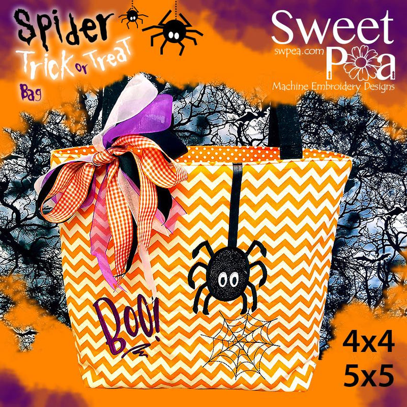 Spider Trick or Treat Tote Bag 4x4 and 5x5 - Sweet Pea Australia In the hoop machine embroidery designs. in the hoop project, in the hoop embroidery designs, craft in the hoop project, diy in the hoop project, diy craft in the hoop project, in the hoop embroidery patterns, design in the hoop patterns, embroidery designs for in the hoop embroidery projects, best in the hoop machine embroidery designs perfect for all hoops and embroidery machines