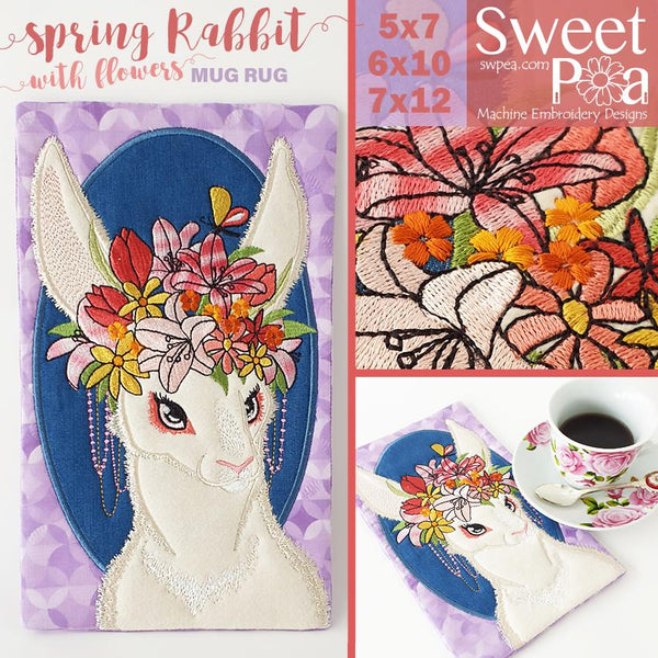 Spring Rabbit and Flowers Mug Rug 5x7 6x10 and 7x12 - Sweet Pea Australia In the hoop machine embroidery designs. in the hoop project, in the hoop embroidery designs, craft in the hoop project, diy in the hoop project, diy craft in the hoop project, in the hoop embroidery patterns, design in the hoop patterns, embroidery designs for in the hoop embroidery projects, best in the hoop machine embroidery designs perfect for all hoops and embroidery machines
