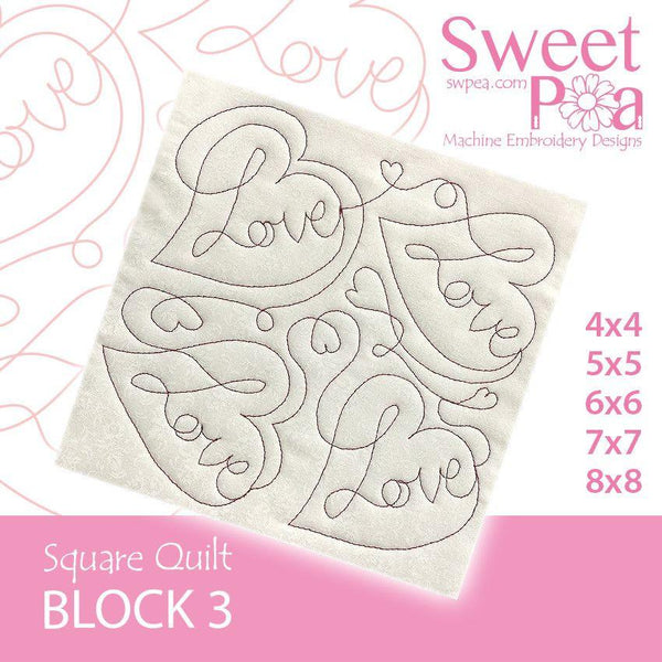 Square Quilt Block3 Love 4x4 5x5 6x6 7x7 8x8 - Sweet Pea Australia In the hoop machine embroidery designs. in the hoop project, in the hoop embroidery designs, craft in the hoop project, diy in the hoop project, diy craft in the hoop project, in the hoop embroidery patterns, design in the hoop patterns, embroidery designs for in the hoop embroidery projects, best in the hoop machine embroidery designs perfect for all hoops and embroidery machines