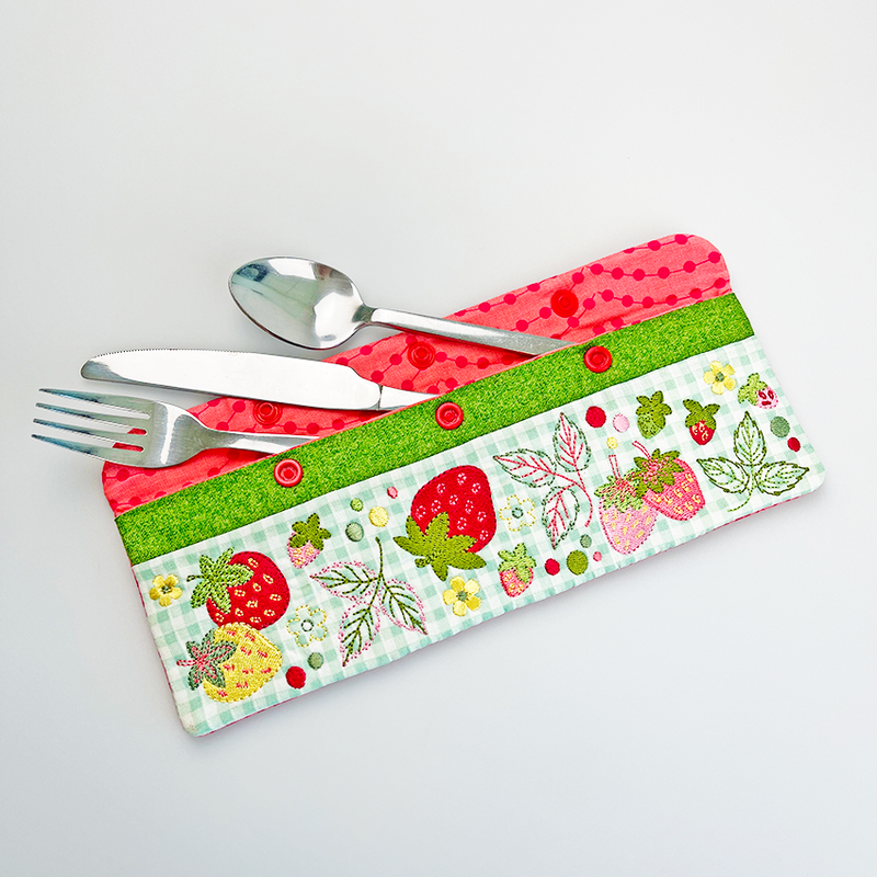 Summer Strawberries Cutlery Case 6x10 - Sweet Pea Australia In the hoop machine embroidery designs. in the hoop project, in the hoop embroidery designs, craft in the hoop project, diy in the hoop project, diy craft in the hoop project, in the hoop embroidery patterns, design in the hoop patterns, embroidery designs for in the hoop embroidery projects, best in the hoop machine embroidery designs perfect for all hoops and embroidery machines