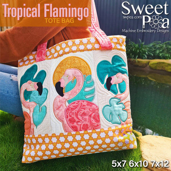 Tropical Flamingo Tote Bag 5x7 6x10 7x12 - Sweet Pea Australia In the hoop machine embroidery designs. in the hoop project, in the hoop embroidery designs, craft in the hoop project, diy in the hoop project, diy craft in the hoop project, in the hoop embroidery patterns, design in the hoop patterns, embroidery designs for in the hoop embroidery projects, best in the hoop machine embroidery designs perfect for all hoops and embroidery machines