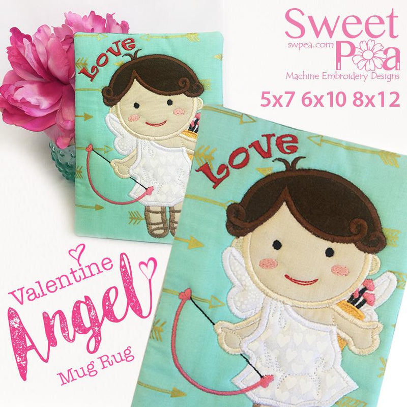 Valentine Angel Mugrug 5x7 6x10 8x12 - Sweet Pea Australia In the hoop machine embroidery designs. in the hoop project, in the hoop embroidery designs, craft in the hoop project, diy in the hoop project, diy craft in the hoop project, in the hoop embroidery patterns, design in the hoop patterns, embroidery designs for in the hoop embroidery projects, best in the hoop machine embroidery designs perfect for all hoops and embroidery machines
