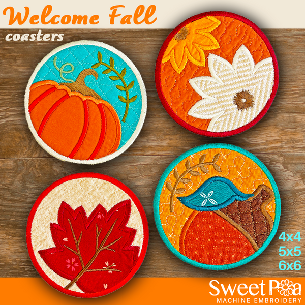 Welcome Fall Coasters 4x4 5x5 6x6 In the hoop machine embroidery designs