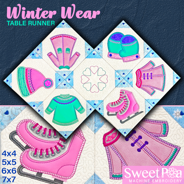 Winter Wear Table Runner 4x4 5x5 6x6 7x7 In the hoop machine embroidery designs