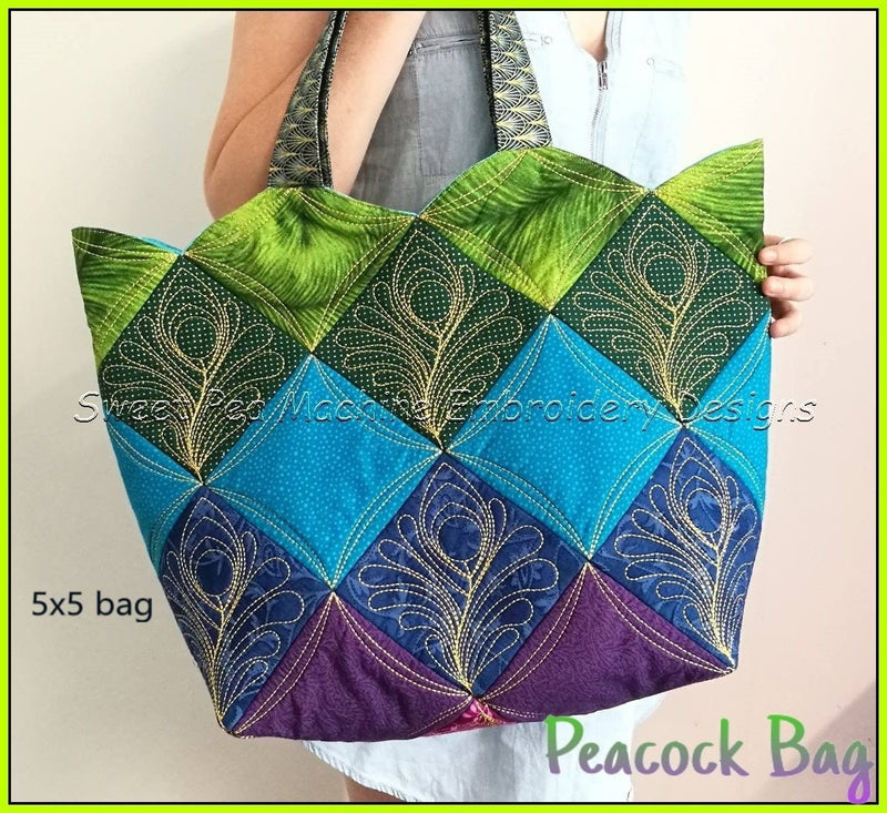 Peacock Quilt Blocks and Bag 4x4 5x5 - Sweet Pea Australia In the hoop machine embroidery designs. in the hoop project, in the hoop embroidery designs, craft in the hoop project, diy in the hoop project, diy craft in the hoop project, in the hoop embroidery patterns, design in the hoop patterns, embroidery designs for in the hoop embroidery projects, best in the hoop machine embroidery designs perfect for all hoops and embroidery machines
